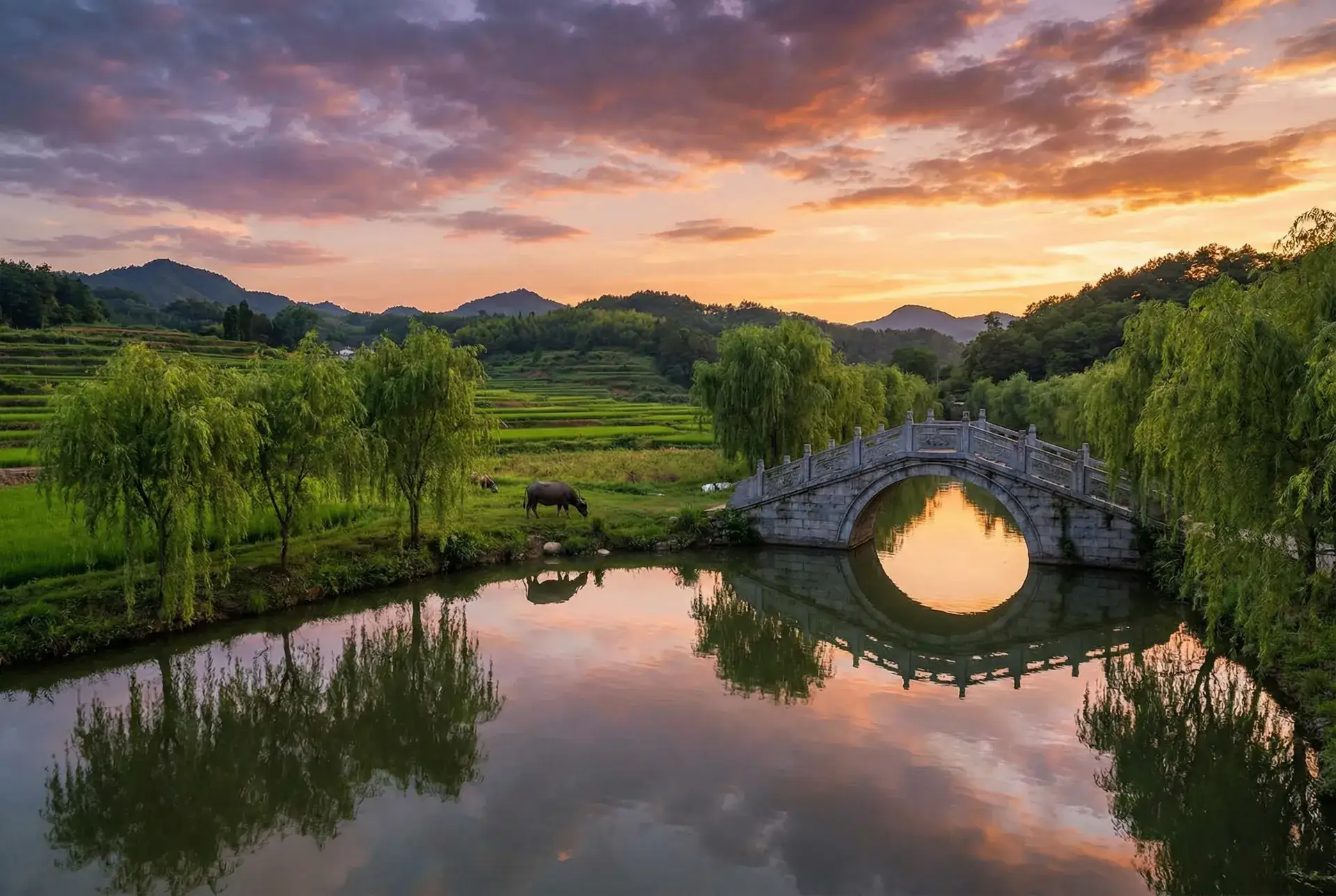 夕阳下的石拱桥与垂柳，水牛在河边吃草 - 淘宝直播app新名是哪个 乡村美景